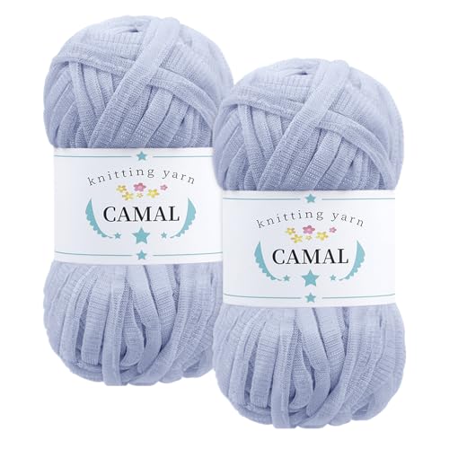 CAMAL 2 Stück Textilgarn 100g/60m Funkeln T-Shirt Garn zum Häkeln Taschen, Weiches T Shirt Garn Polyester Stoff Textilgarn zum Häkeln für Körbe, Teppiche, Wohnkultur (Himmelblau) von CAMAL