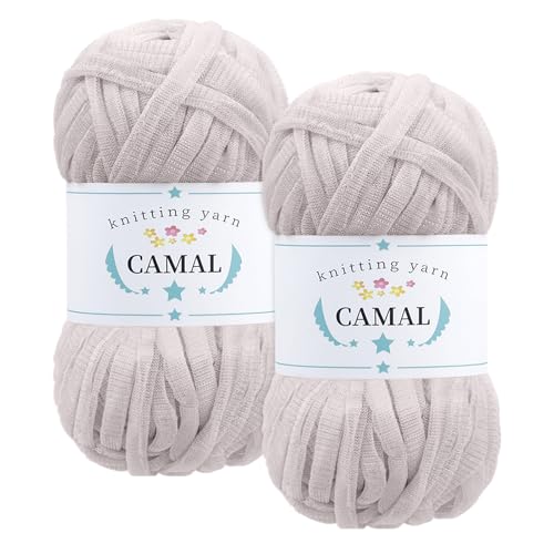 CAMAL 2 Stück Textilgarn 100g/60m Funkeln T-Shirt Garn zum Häkeln Taschen, Weiches T Shirt Garn Polyester Stoff Textilgarn zum Häkeln für Körbe, Teppiche, Wohnkultur (Khakiweiß) von CAMAL
