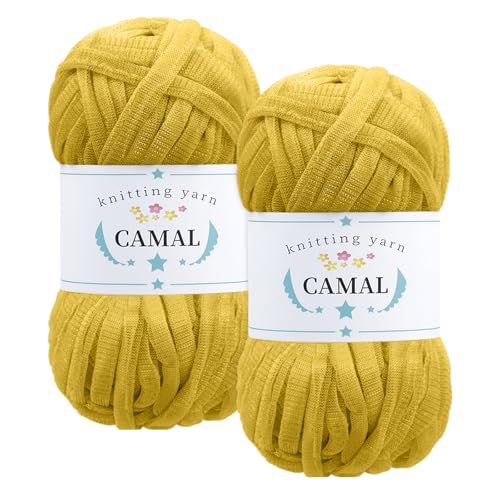 CAMAL 2 Stück Textilgarn 100g/60m Funkeln T-Shirt Garn zum Häkeln Taschen, Weiches T Shirt Garn Polyester Stoff Textilgarn zum Häkeln für Körbe, Teppiche, Wohnkultur (Kurkuma) von CAMAL