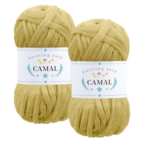 CAMAL 2 Stück Textilgarn 100g/60m Funkeln T-Shirt Garn zum Häkeln Taschen, Weiches T Shirt Garn Polyester Stoff Textilgarn zum Häkeln für Körbe, Teppiche, Wohnkultur (Leuchtendes Gelb) von CAMAL