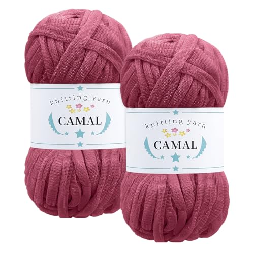 CAMAL 2 Stück Textilgarn 100g/60m Funkeln T-Shirt Garn zum Häkeln Taschen, Weiches T Shirt Garn Polyester Stoff Textilgarn zum Häkeln für Körbe, Teppiche, Wohnkultur (Leuchtendes Rosa) von CAMAL