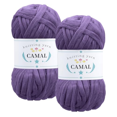 CAMAL 2 Stück Textilgarn 100g/60m Funkeln T-Shirt Garn zum Häkeln Taschen, Weiches T Shirt Garn Polyester Stoff Textilgarn zum Häkeln für Körbe, Teppiche, Wohnkultur (Leuchtendes Violett) von CAMAL