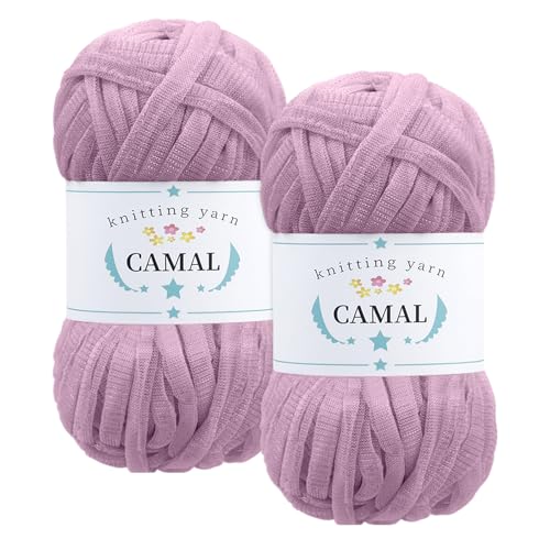 CAMAL 2 Stück Textilgarn 100g/60m Funkeln T-Shirt Garn zum Häkeln Taschen, Weiches T Shirt Garn Polyester Stoff Textilgarn zum Häkeln für Körbe, Teppiche, Wohnkultur (Lila-Rosa) von CAMAL