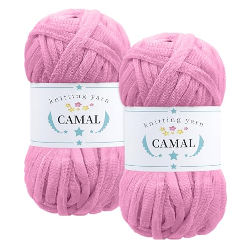 CAMAL 2 Stück Textilgarn 100g/60m Funkeln T-Shirt Garn zum Häkeln Taschen, Weiches T Shirt Garn Polyester Stoff Textilgarn zum Häkeln für Körbe, Teppiche, Wohnkultur (Rosa) von CAMAL