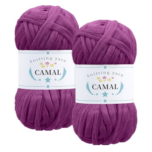 CAMAL 2 Stück Textilgarn 100g/60m Funkeln T-Shirt Garn zum Häkeln Taschen, Weiches T Shirt Garn Polyester Stoff Textilgarn zum Häkeln für Körbe, Teppiche, Wohnkultur (Rosenrot) von CAMAL