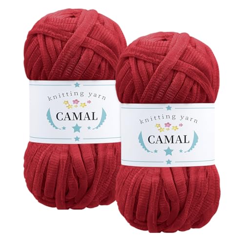 CAMAL 2 Stück Textilgarn 100g/60m Funkeln T-Shirt Garn zum Häkeln Taschen, Weiches T Shirt Garn Polyester Stoff Textilgarn zum Häkeln für Körbe, Teppiche, Wohnkultur (Rot) von CAMAL