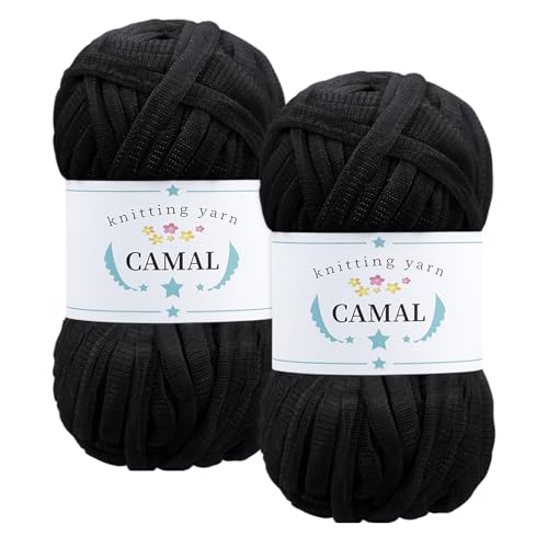 CAMAL 2 Stück Textilgarn 100g/60m Funkeln T-Shirt Garn zum Häkeln Taschen, Weiches T Shirt Garn Polyester Stoff Textilgarn zum Häkeln für Körbe, Teppiche, Wohnkultur (Schwarz) von CAMAL