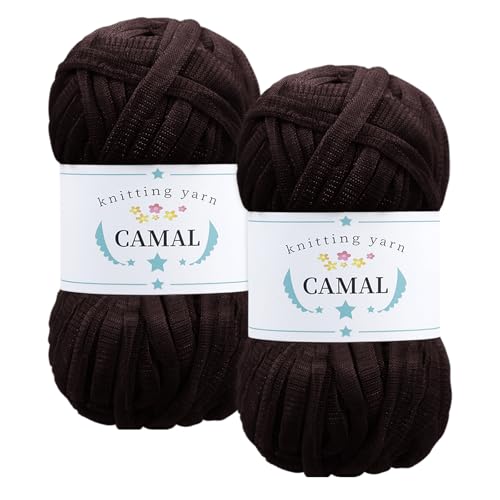 CAMAL 2 Stück Textilgarn 100g/60m Funkeln T-Shirt Garn zum Häkeln Taschen, Weiches T Shirt Garn Polyester Stoff Textilgarn zum Häkeln für Körbe, Teppiche, Wohnkultur (Schwarzrot) von CAMAL