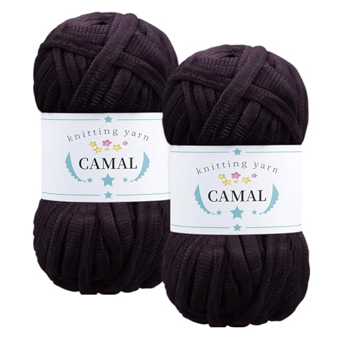 CAMAL 2 Stück Textilgarn 100g/60m Funkeln T-Shirt Garn zum Häkeln Taschen, Weiches T Shirt Garn Polyester Stoff Textilgarn zum Häkeln für Körbe, Teppiche, Wohnkultur (Schwarzviolett) von CAMAL