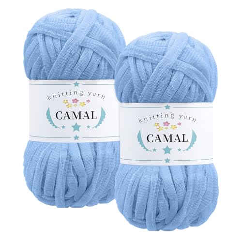 CAMAL 2 Stück Textilgarn 100g/60m Funkeln T-Shirt Garn zum Häkeln Taschen, Weiches T Shirt Garn Polyester Stoff Textilgarn zum Häkeln für Körbe, Teppiche, Wohnkultur (Seeblau) von CAMAL