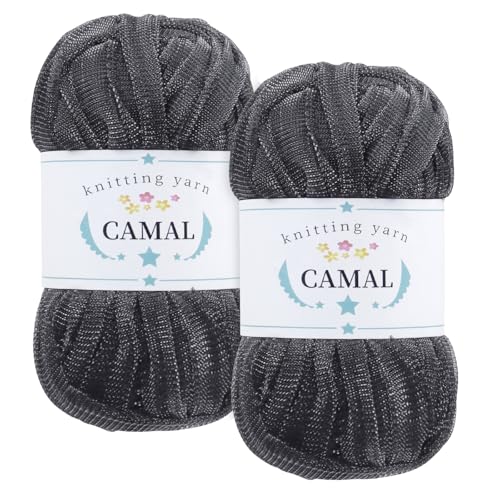 CAMAL 2 Stück Textilgarn 100g/60m Funkeln T-Shirt Garn zum Häkeln Taschen, Weiches T Shirt Garn Polyester Stoff Textilgarn zum Häkeln für Körbe, Teppiche, Wohnkultur (Tiefes Grau) von CAMAL