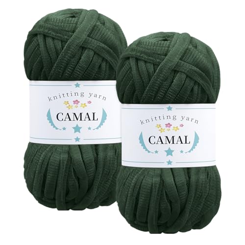 CAMAL 2 Stück Textilgarn 100g/60m Funkeln T-Shirt Garn zum Häkeln Taschen, Weiches T Shirt Garn Polyester Stoff Textilgarn zum Häkeln für Körbe, Teppiche, Wohnkultur (Tiefgrün) von CAMAL