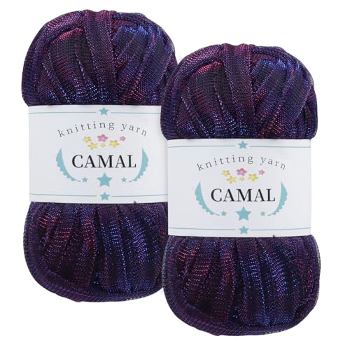CAMAL 2 Stück Textilgarn 100g/60m Funkeln T-Shirt Garn zum Häkeln Taschen, Weiches T Shirt Garn Polyester Stoff Textilgarn zum Häkeln für Körbe, Teppiche, Wohnkultur (Violett) von CAMAL