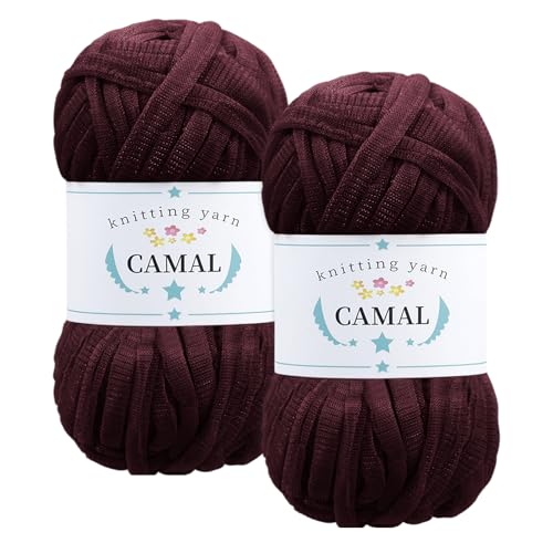 CAMAL 2 Stück Textilgarn 100g/60m Funkeln T-Shirt Garn zum Häkeln Taschen, Weiches T Shirt Garn Polyester Stoff Textilgarn zum Häkeln für Körbe, Teppiche, Wohnkultur (Weinrot) von CAMAL