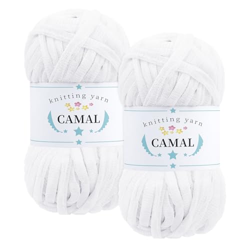 CAMAL 2 Stück Textilgarn 100g/60m Funkeln T-Shirt Garn zum Häkeln Taschen, Weiches T Shirt Garn Polyester Stoff Textilgarn zum Häkeln für Körbe, Teppiche, Wohnkultur (Weiß) von CAMAL