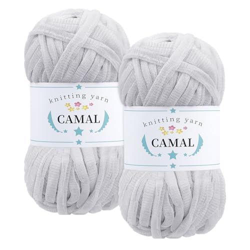 CAMAL 2 Stück Textilgarn 100g/60m Funkeln T-Shirt Garn zum Häkeln Taschen, Weiches T Shirt Garn Polyester Stoff Textilgarn zum Häkeln für Körbe, Teppiche, Wohnkultur (Weißgrau) von CAMAL