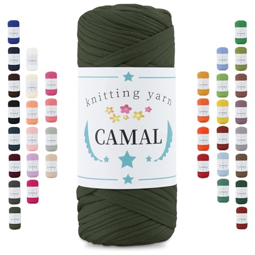 CAMAL 200g Tshirt Garn, Textilgarn zum Häkeln für Körbe 75m Dicke Bändchengarn zum Häkeln Taschen, Häkelgarn T Shirt Garn für Decken Wandbehang Heimdekoration (Armeegrün) von CAMAL