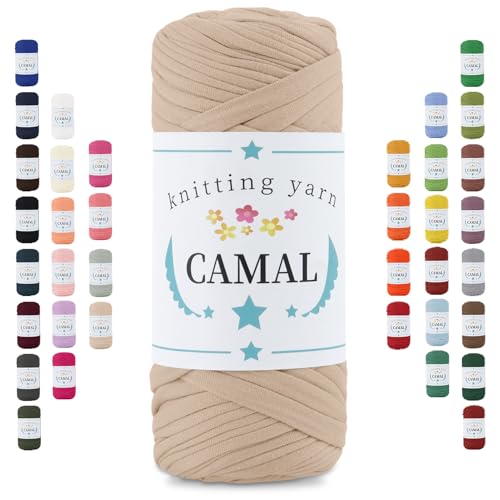CAMAL 200g Tshirt Garn, Textilgarn zum Häkeln für Körbe 75m Dicke Bändchengarn zum Häkeln Taschen, Häkelgarn T Shirt Garn für Decken Wandbehang Heimdekoration (Beige Aprikose) von CAMAL