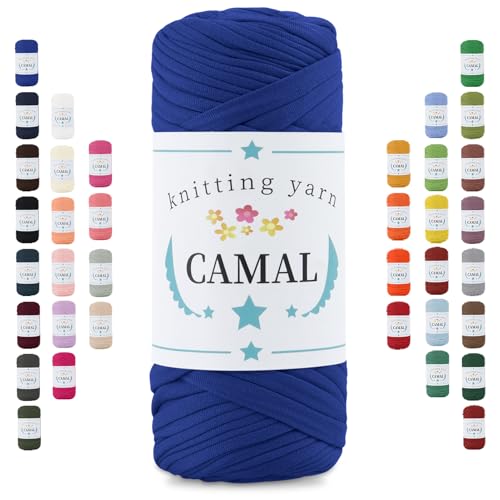 CAMAL 200g Tshirt Garn, Textilgarn zum Häkeln für Körbe 75m Dicke Bändchengarn zum Häkeln Taschen, Häkelgarn T Shirt Garn für Decken Wandbehang Heimdekoration (Blau) von CAMAL