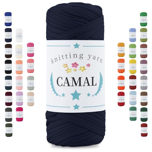 CAMAL 200g Tshirt Garn, Textilgarn zum Häkeln für Körbe 75m Dicke Bändchengarn zum Häkeln Taschen, Häkelgarn T Shirt Garn für Decken Wandbehang Heimdekoration (Dunkelblau) von CAMAL