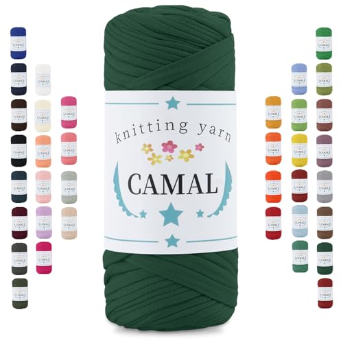 CAMAL 200g Tshirt Garn, Textilgarn zum Häkeln für Körbe 75m Dicke Bändchengarn zum Häkeln Taschen, Häkelgarn T Shirt Garn für Decken Wandbehang Heimdekoration (Dunkelgrün) von CAMAL