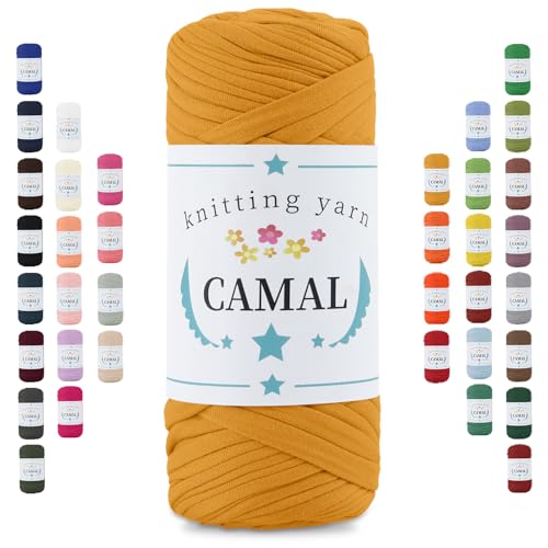 CAMAL 200g Tshirt Garn, Textilgarn zum Häkeln für Körbe 75m Dicke Bändchengarn zum Häkeln Taschen, Häkelgarn T Shirt Garn für Decken Wandbehang Heimdekoration (Gelb) von CAMAL