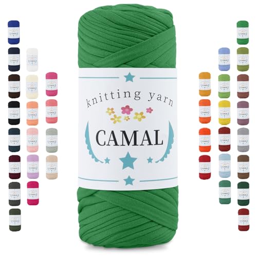 CAMAL 200g Tshirt Garn, Textilgarn zum Häkeln für Körbe 75m Dicke Bändchengarn zum Häkeln Taschen, Häkelgarn T Shirt Garn für Decken Wandbehang Heimdekoration (Grasgrün) von CAMAL