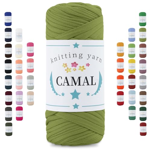 CAMAL 200g Tshirt Garn, Textilgarn zum Häkeln für Körbe 75m Dicke Bändchengarn zum Häkeln Taschen, Häkelgarn T Shirt Garn für Decken Wandbehang Heimdekoration (Grün) von CAMAL