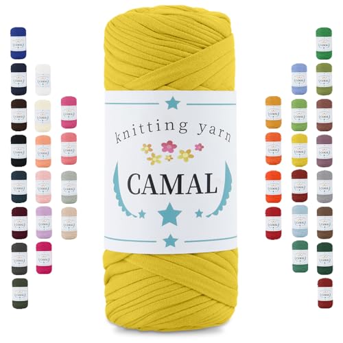 CAMAL 200g Tshirt Garn, Textilgarn zum Häkeln für Körbe 75m Dicke Bändchengarn zum Häkeln Taschen, Häkelgarn T Shirt Garn für Decken Wandbehang Heimdekoration (Helles Gelb) von CAMAL