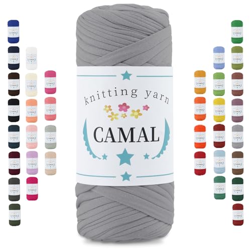 CAMAL 200g Tshirt Garn, Textilgarn zum Häkeln für Körbe 75m Dicke Bändchengarn zum Häkeln Taschen, Häkelgarn T Shirt Garn für Decken Wandbehang Heimdekoration (Hellgrau) von CAMAL