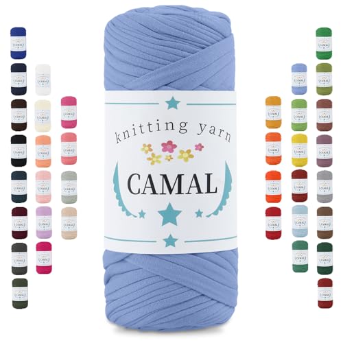 CAMAL 200g Tshirt Garn, Textilgarn zum Häkeln für Körbe 75m Dicke Bändchengarn zum Häkeln Taschen, Häkelgarn T Shirt Garn für Decken Wandbehang Heimdekoration (Himmelblau) von CAMAL