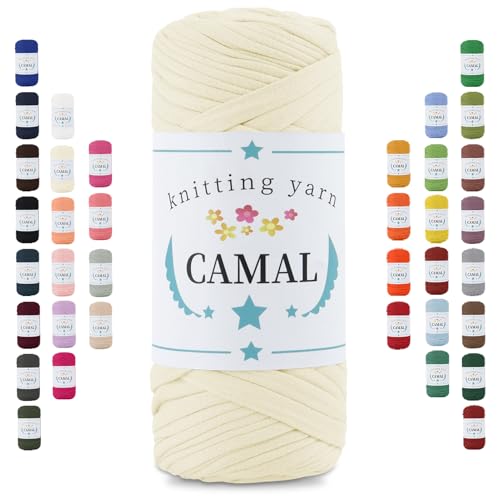 CAMAL 200g Tshirt Garn, Textilgarn zum Häkeln für Körbe 75m Dicke Bändchengarn zum Häkeln Taschen, Häkelgarn T Shirt Garn für Decken Wandbehang Heimdekoration (Milch Weiß) von CAMAL