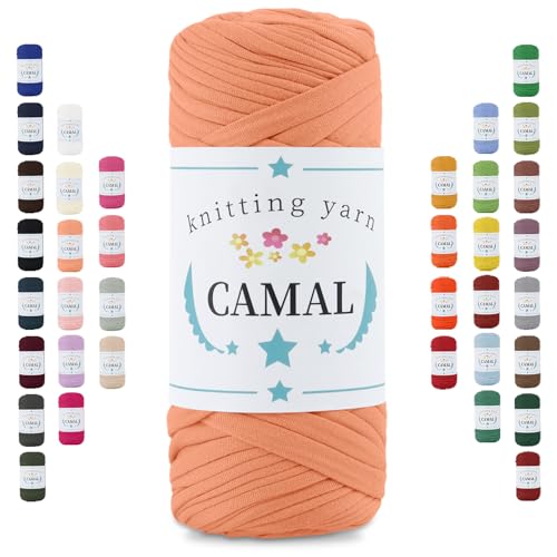 CAMAL 200g Tshirt Garn, Textilgarn zum Häkeln für Körbe 75m Dicke Bändchengarn zum Häkeln Taschen, Häkelgarn T Shirt Garn für Decken Wandbehang Heimdekoration (Orange Gelb) von CAMAL