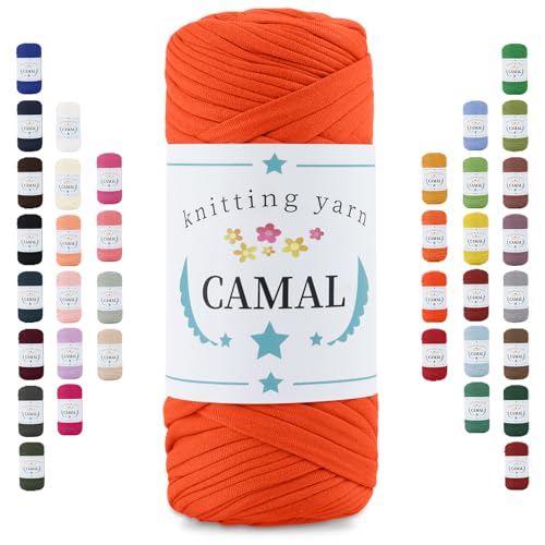CAMAL 200g Tshirt Garn, Textilgarn zum Häkeln für Körbe 75m Dicke Bändchengarn zum Häkeln Taschen, Häkelgarn T Shirt Garn für Decken Wandbehang Heimdekoration (Orangerot) von CAMAL