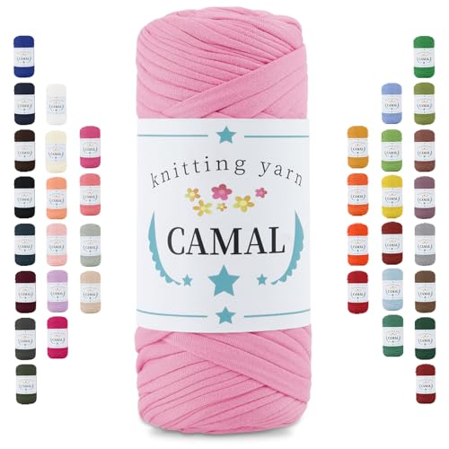 CAMAL 200g Tshirt Garn, Textilgarn zum Häkeln für Körbe 75m Dicke Bändchengarn zum Häkeln Taschen, Häkelgarn T Shirt Garn für Decken Wandbehang Heimdekoration (Rosa) von CAMAL