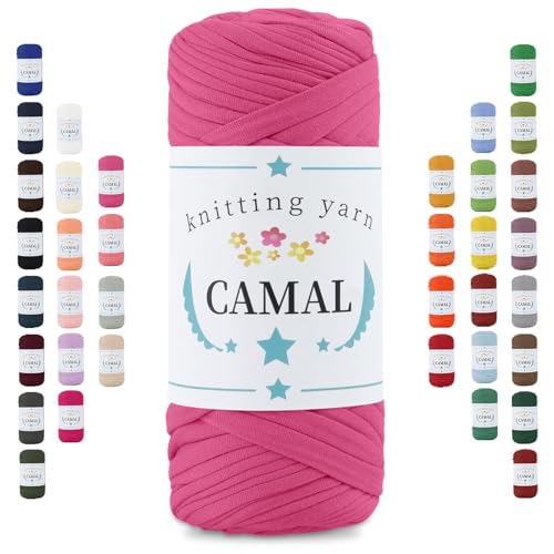 CAMAL 200g Tshirt Garn, Textilgarn zum Häkeln für Körbe 75m Dicke Bändchengarn zum Häkeln Taschen, Häkelgarn T Shirt Garn für Decken Wandbehang Heimdekoration (Rosarot Rosa) von CAMAL