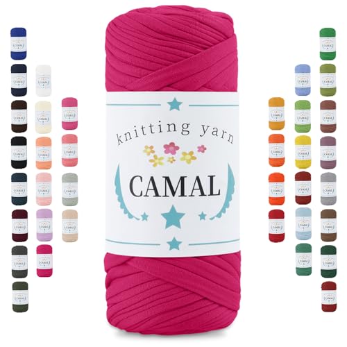 CAMAL 200g Tshirt Garn, Textilgarn zum Häkeln für Körbe 75m Dicke Bändchengarn zum Häkeln Taschen, Häkelgarn T Shirt Garn für Decken Wandbehang Heimdekoration (Rosenrot) von CAMAL