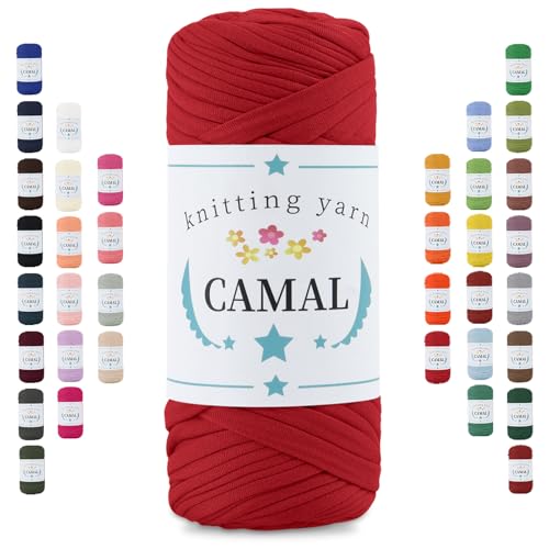 CAMAL 200g Tshirt Garn, Textilgarn zum Häkeln für Körbe 75m Dicke Bändchengarn zum Häkeln Taschen, Häkelgarn T Shirt Garn für Decken Wandbehang Heimdekoration (Rot) von CAMAL