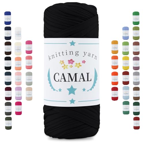 CAMAL 200g Tshirt Garn, Textilgarn zum Häkeln für Körbe 75m Dicke Bändchengarn zum Häkeln Taschen, Häkelgarn T Shirt Garn für Decken Wandbehang Heimdekoration (Schwarz) von CAMAL