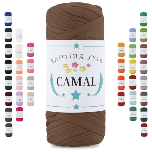CAMAL 200g Tshirt Garn, Textilgarn zum Häkeln für Körbe 75m Dicke Bändchengarn zum Häkeln Taschen, Häkelgarn T Shirt Garn für Decken Wandbehang Heimdekoration (Tiefes Braun) von CAMAL