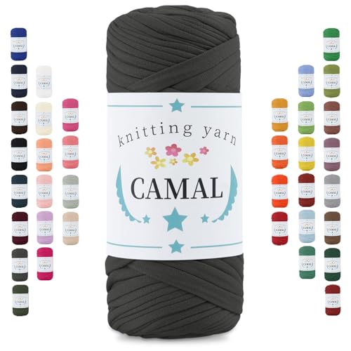 CAMAL 200g Tshirt Garn, Textilgarn zum Häkeln für Körbe 75m Dicke Bändchengarn zum Häkeln Taschen, Häkelgarn T Shirt Garn für Decken Wandbehang Heimdekoration (Tiefes Grau) von CAMAL