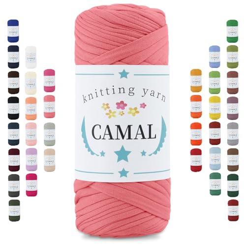CAMAL 200g Tshirt Garn, Textilgarn zum Häkeln für Körbe 75m Dicke Bändchengarn zum Häkeln Taschen, Häkelgarn T Shirt Garn für Decken Wandbehang Heimdekoration (Wassermelone Rosa) von CAMAL