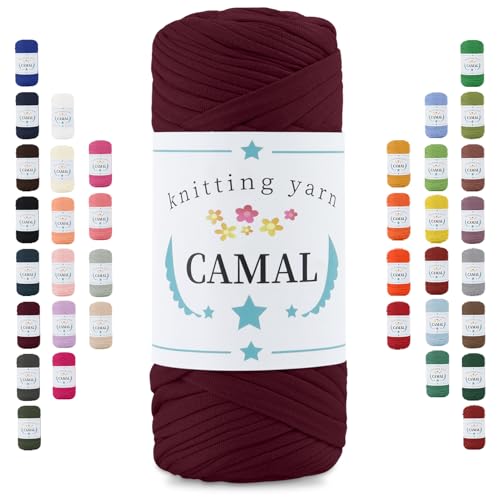 CAMAL 200g Tshirt Garn, Textilgarn zum Häkeln für Körbe 75m Dicke Bändchengarn zum Häkeln Taschen, Häkelgarn T Shirt Garn für Decken Wandbehang Heimdekoration (Weinrot) von CAMAL