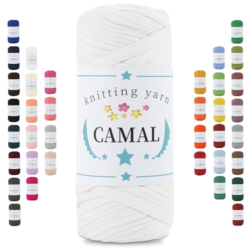 CAMAL 200g Tshirt Garn, Textilgarn zum Häkeln für Körbe 75m Dicke Bändchengarn zum Häkeln Taschen, Häkelgarn T Shirt Garn für Decken Wandbehang Heimdekoration (Weiß) von CAMAL