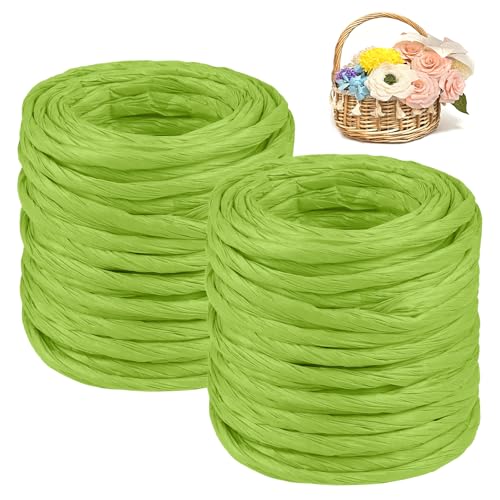 CAMAL 2PCS Raffia Bastband Natur, 24m Naturbast Papierdraht zum Basteln, Robust Krepppapier Rollen zum Papierblumen, Raffia Geschenkband Bast zum Blumenkorb, DIY-Dekoration (Fruchtgrün) von CAMAL