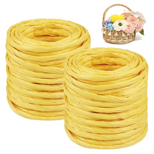 CAMAL 2PCS Raffia Bastband Natur, 24m Naturbast Papierdraht zum Basteln, Robust Krepppapier Rollen zum Papierblumen, Raffia Geschenkband Bast zum Blumenkorb, DIY-Dekoration (Gelb) von CAMAL
