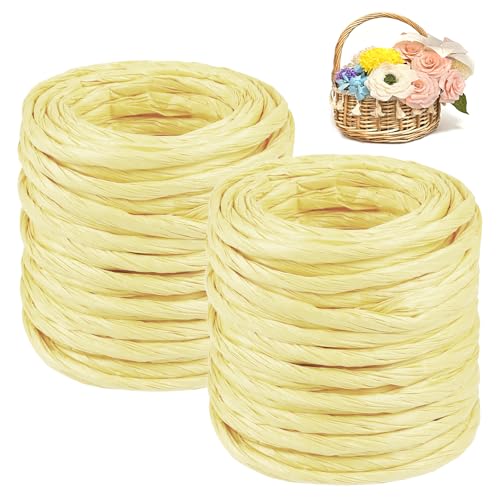CAMAL 2PCS Raffia Bastband Natur, 24m Naturbast Papierdraht zum Basteln, Robust Krepppapier Rollen zum Papierblumen, Raffia Geschenkband Bast zum Blumenkorb, DIY-Dekoration (Hellgelb) von CAMAL