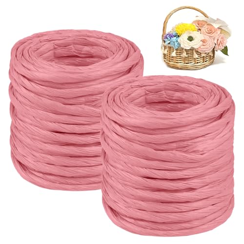 CAMAL 2PCS Raffia Bastband Natur, 24m Naturbast Papierdraht zum Basteln, Robust Krepppapier Rollen zum Papierblumen, Raffia Geschenkband Bast zum Blumenkorb, DIY-Dekoration (Hellrosa) von CAMAL