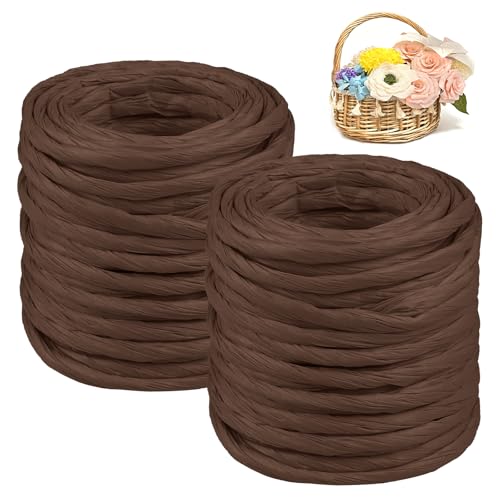 CAMAL 2PCS Raffia Bastband Natur, 24m Naturbast Papierdraht zum Basteln, Robust Krepppapier Rollen zum Papierblumen, Raffia Geschenkband Bast zum Blumenkorb, DIY-Dekoration (Kaffee) von CAMAL