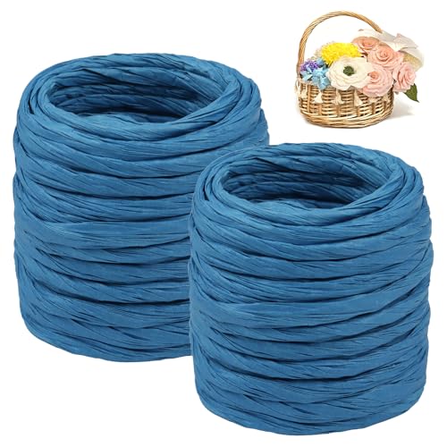 CAMAL 2PCS Raffia Bastband Natur, 24m Naturbast Papierdraht zum Basteln, Robust Krepppapier Rollen zum Papierblumen, Raffia Geschenkband Bast zum Blumenkorb, DIY-Dekoration (Königsblau) von CAMAL